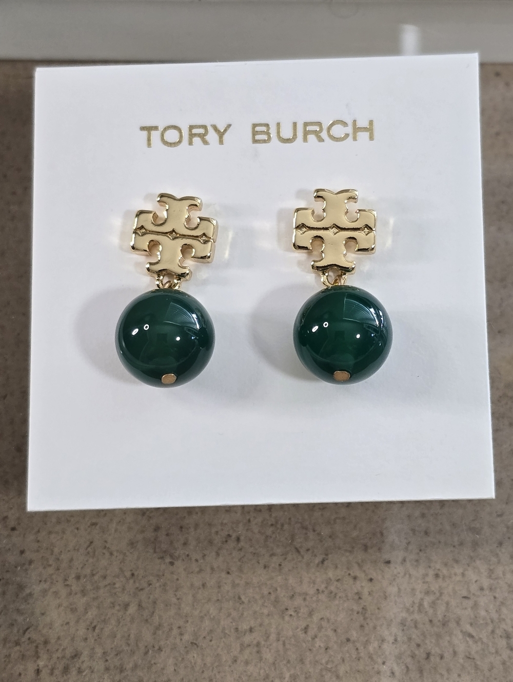 Tory Burch Gold Logo with Dark Green Enamel Drop Earrings